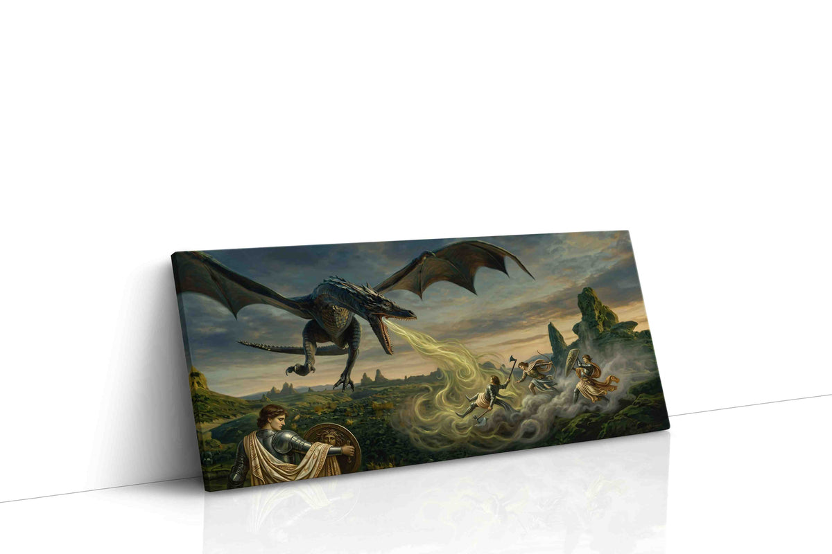 Dragon's Breath at Dusk fantasy canvas wall art displayed above a sofa in a modern living room