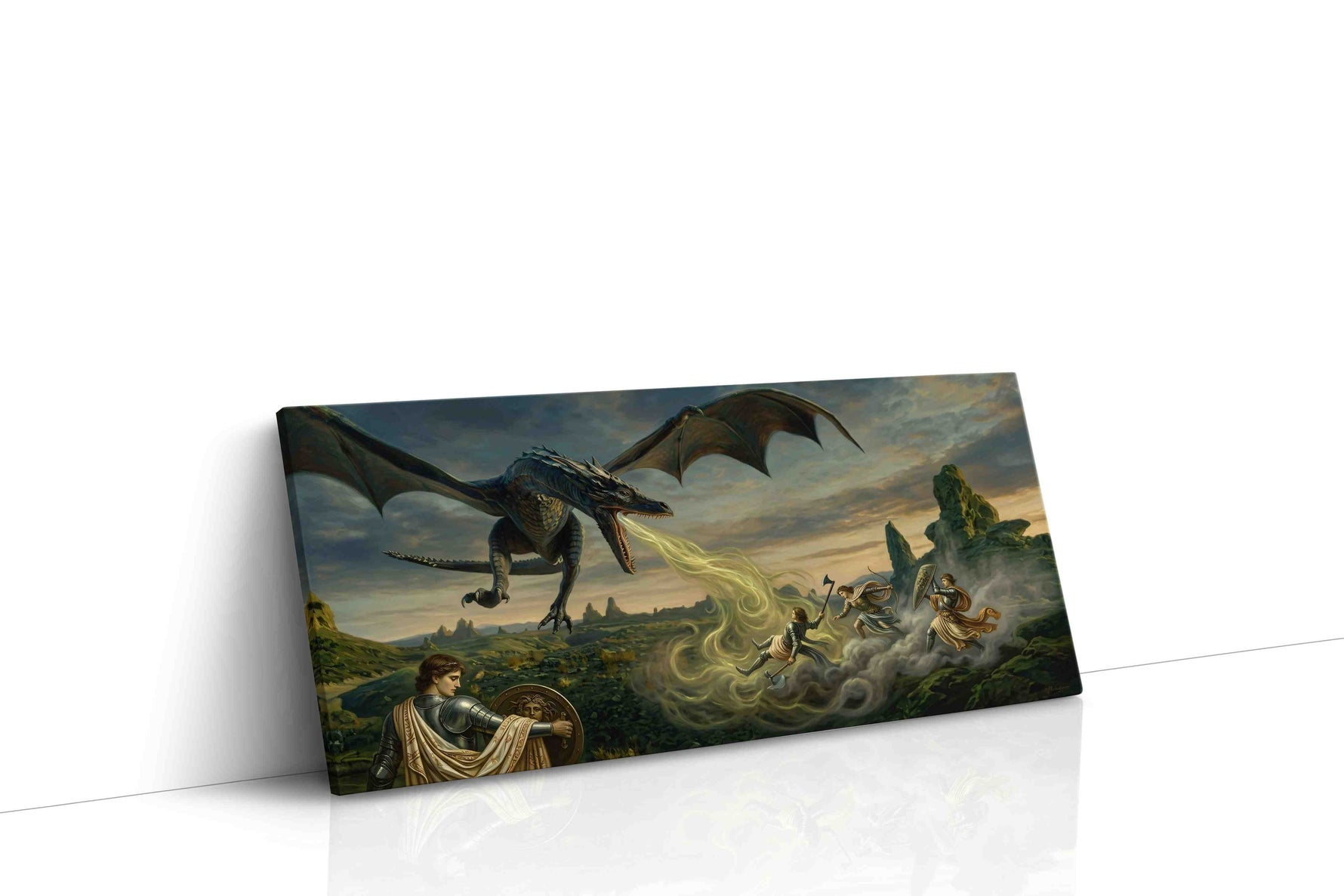 Dragon's Breath at Dusk fantasy canvas wall art displayed above a sofa in a modern living room