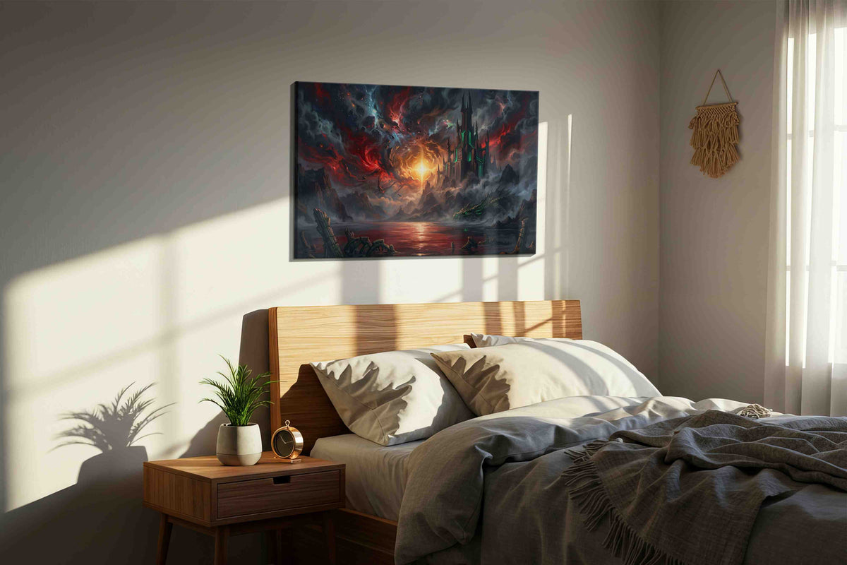 Ember Throne of the Void fantasy canvas wall art displayed above a bed in a styled bedroom scene