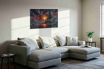 Ember Throne of the Void fantasy canvas wall art displayed above a sofa in a styled living room scene