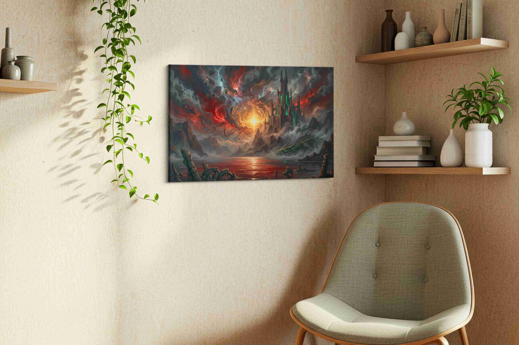 Ember Throne of the Void fantasy canvas wall art styled in a living room