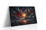 Ember Throne of the Void fantasy canvas wall art displayed above a bed in a contemporary bedroom