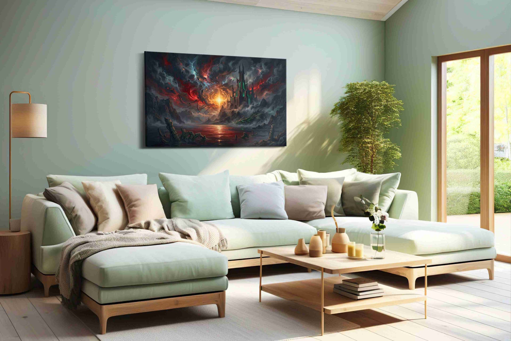 Ember Throne of the Void fantasy canvas wall art shown hanging in a styled interior