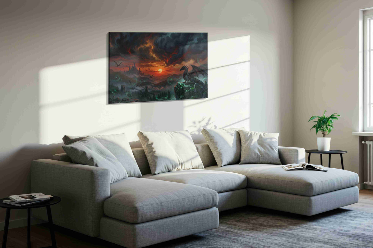 Ember Warden of Duskspire fantasy canvas wall art displayed above a sofa in a styled living room scene