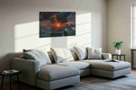 Ember Warden of Duskspire fantasy canvas wall art displayed above a sofa in a styled living room scene