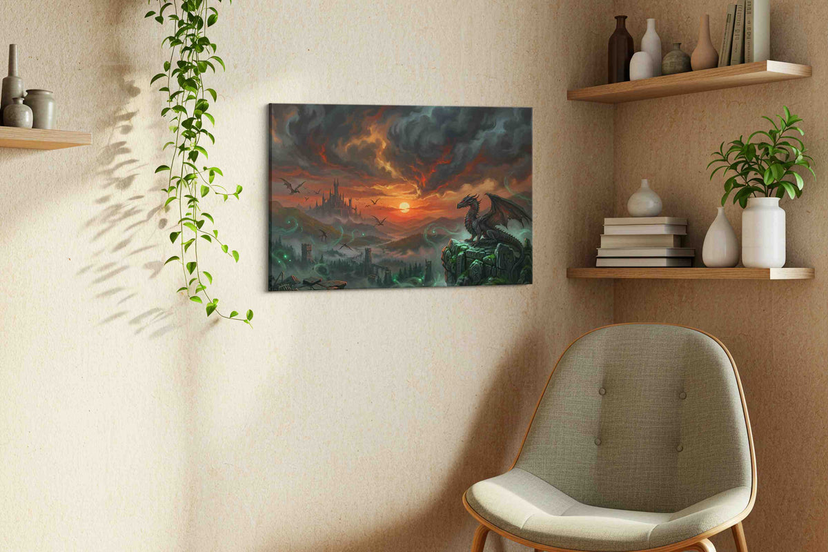 Ember Warden of Duskspire fantasy canvas wall art styled in a living room