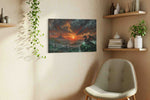Ember Warden of Duskspire fantasy canvas wall art styled in a living room