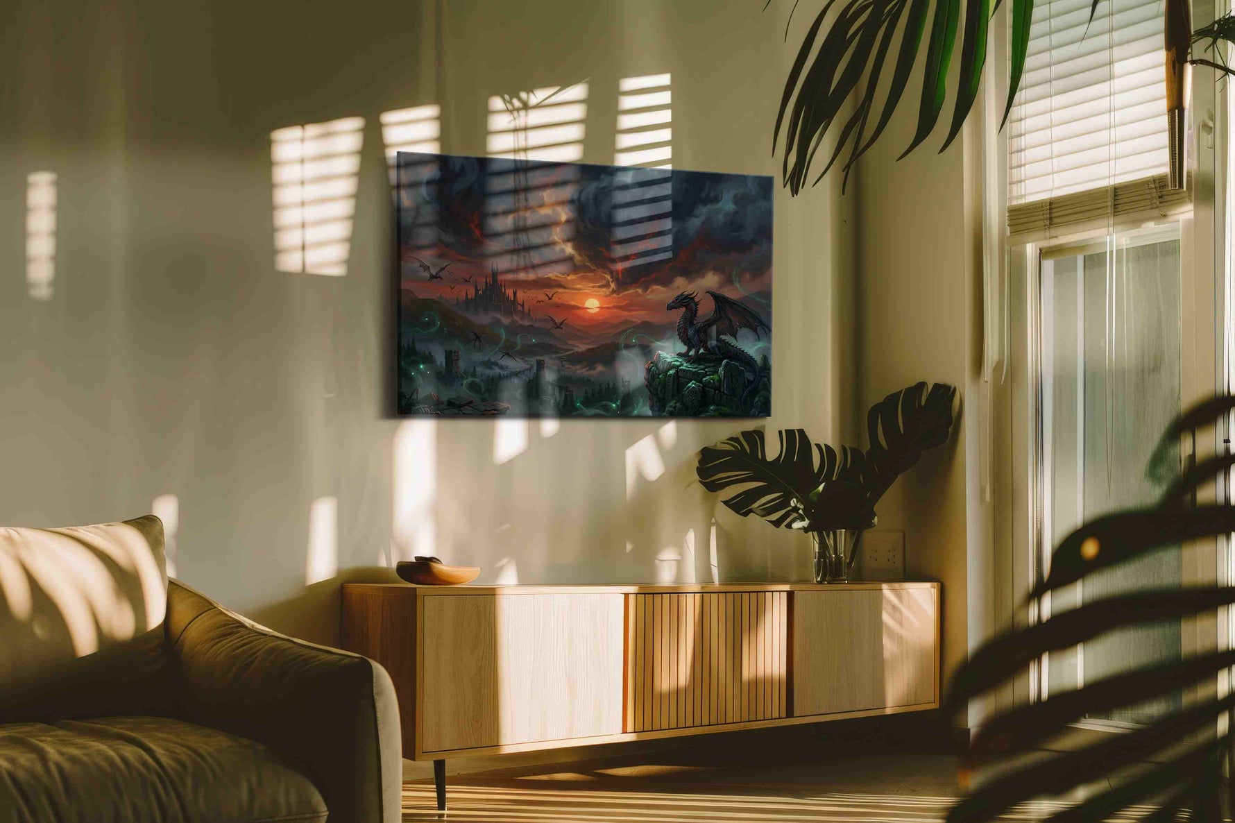 Ember Warden of Duskspire fantasy canvas wall art shown hanging in a styled interior