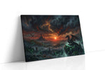 Ember Warden of Duskspire fantasy canvas wall art displayed above a sofa in a modern living room
