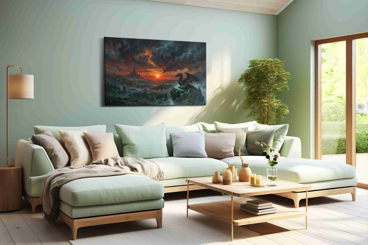 Ember Warden of Duskspire fantasy canvas wall art displayed above a bed in a contemporary bedroom