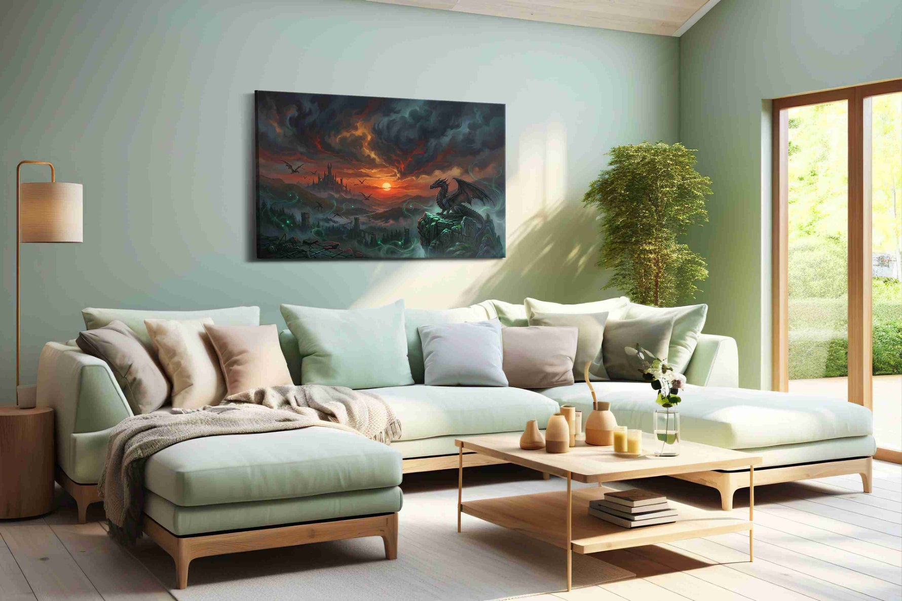Ember Warden of Duskspire fantasy canvas wall art displayed above a bed in a contemporary bedroom