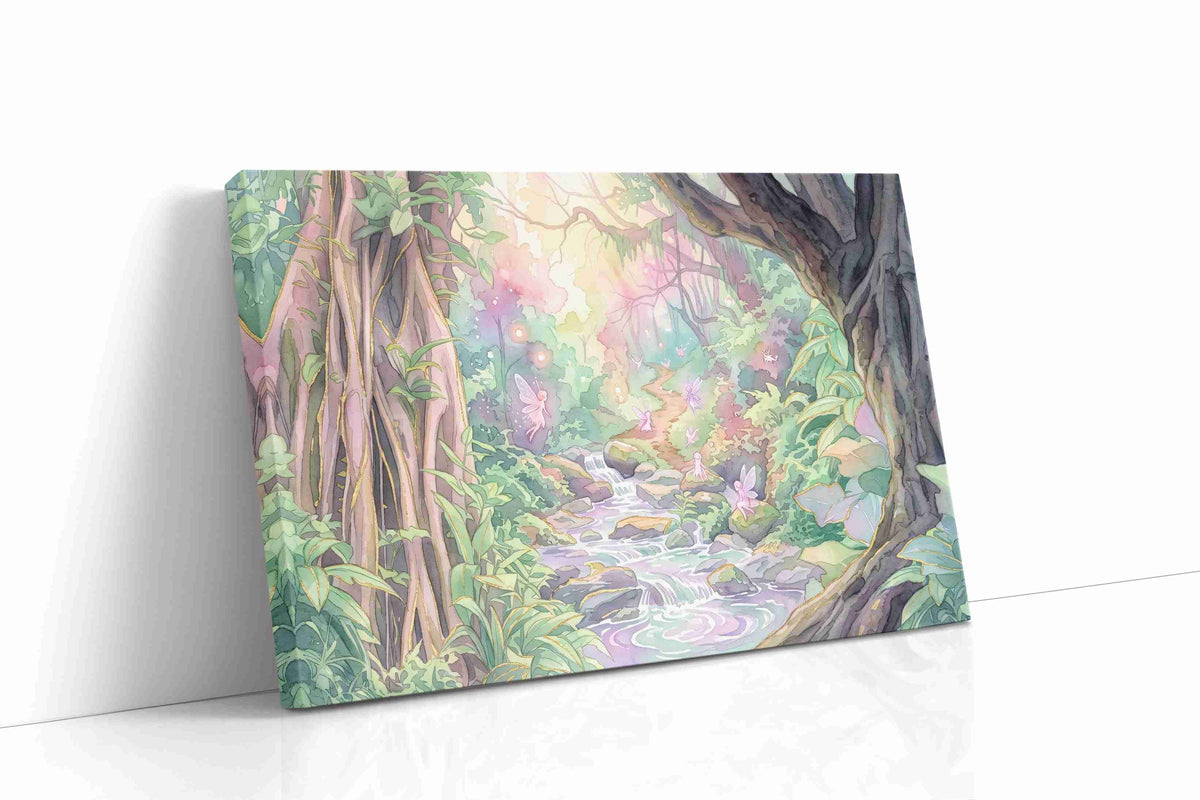 Glimmerbrook Fairy Hollow fantasy canvas wall art displayed above a bed in a contemporary bedroom