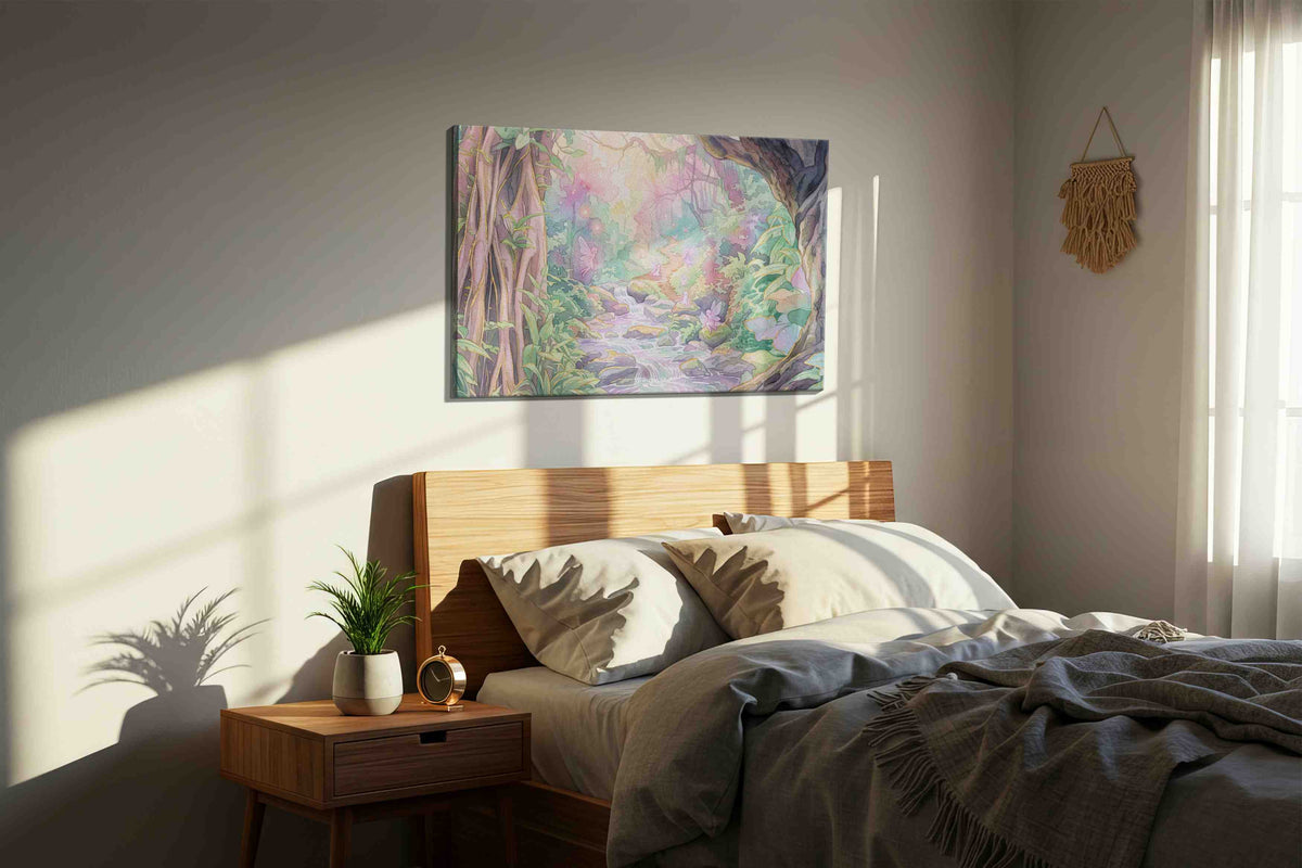 Glimmerbrook Fairy Hollow fantasy canvas wall art displayed above a bed in a styled bedroom scene