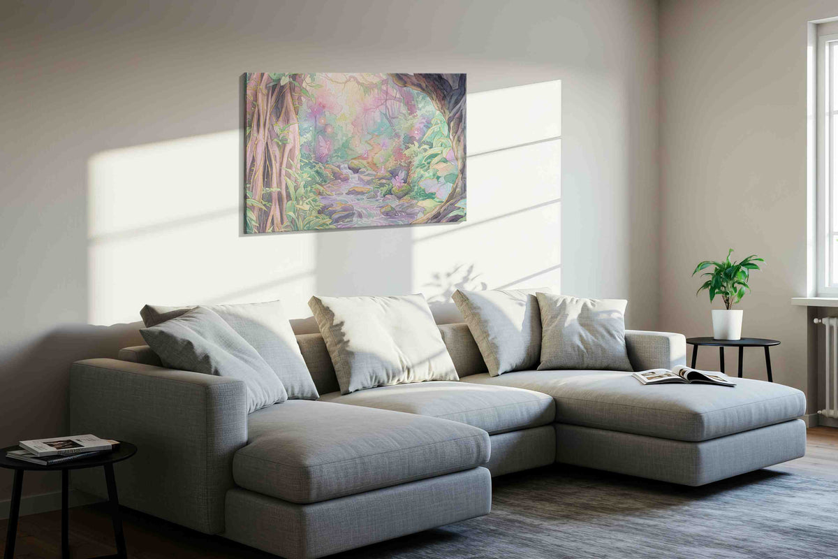 Glimmerbrook Fairy Hollow fantasy canvas wall art displayed above a sofa in a styled living room scene