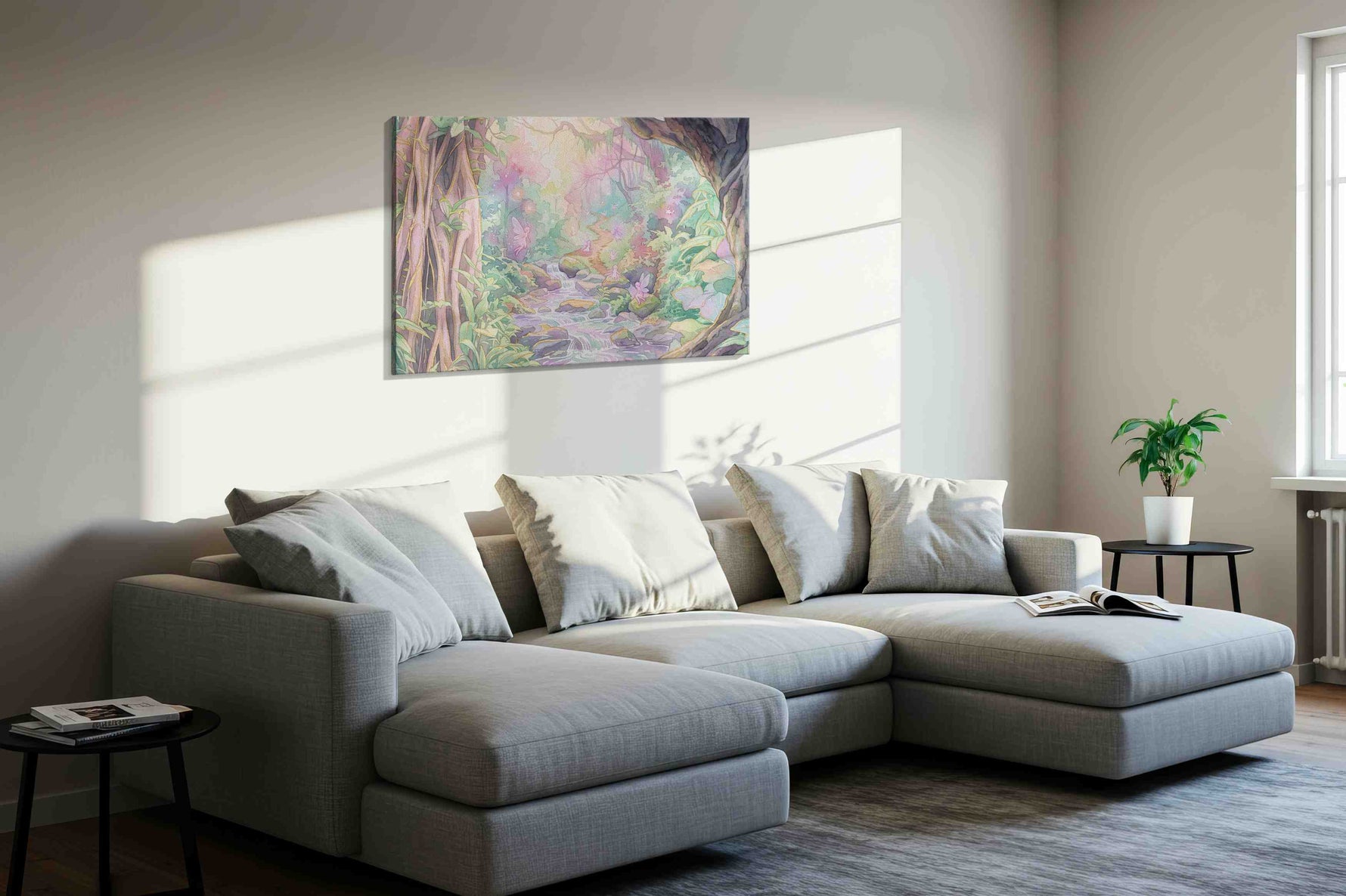Glimmerbrook Fairy Hollow fantasy canvas wall art displayed above a sofa in a styled living room scene