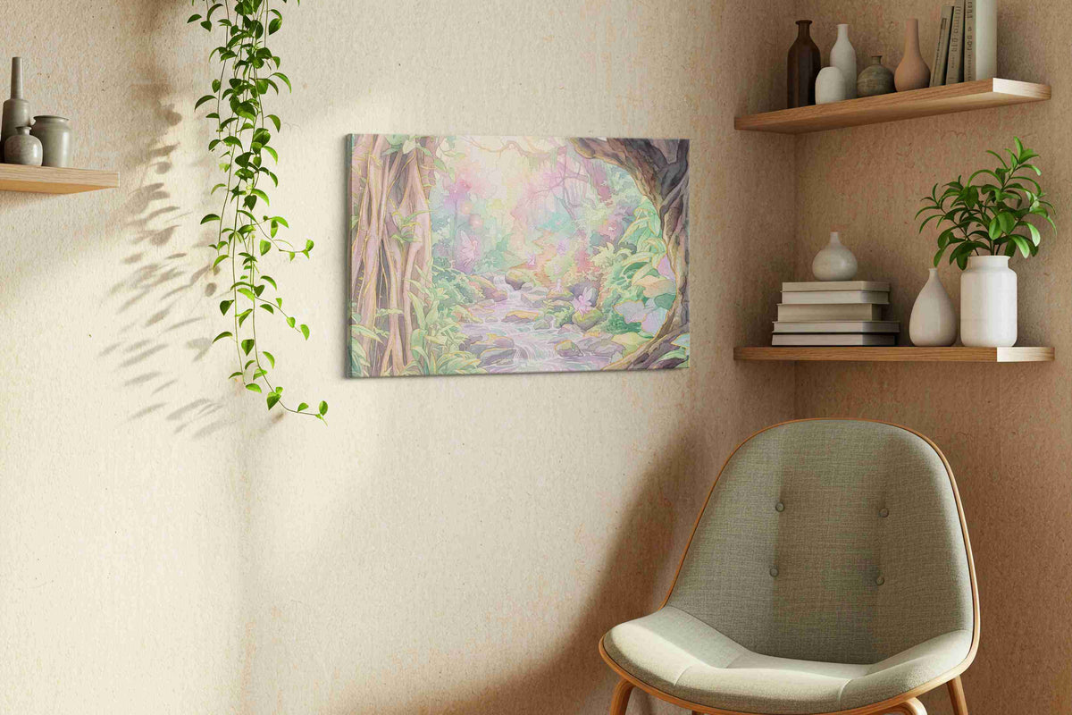 Glimmerbrook Fairy Hollow fantasy canvas wall art styled in a living room