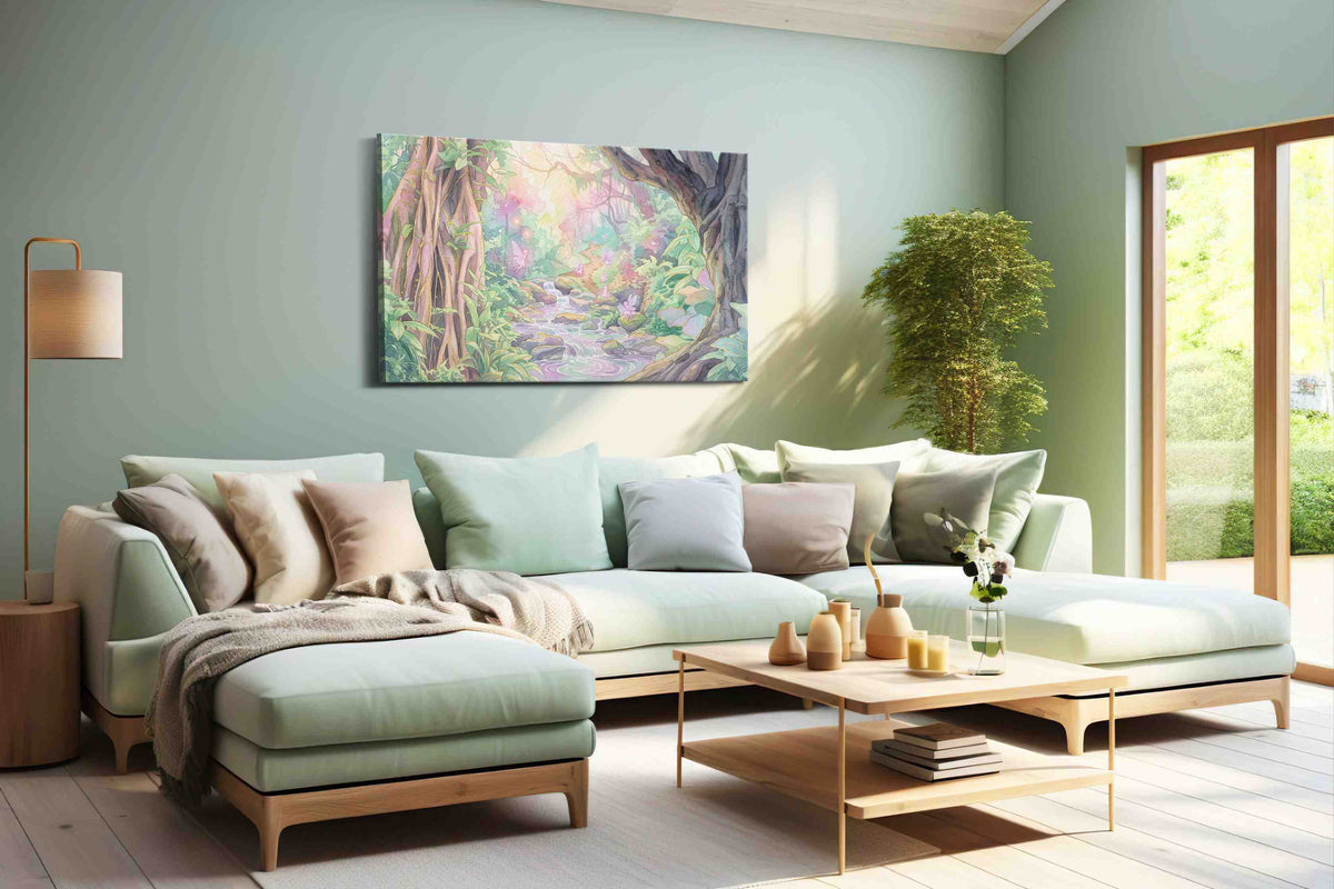 Glimmerbrook Fairy Hollow fantasy canvas wall art displayed above a sofa in a modern living room