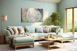 Glimmerbrook Fairy Hollow fantasy canvas wall art displayed above a sofa in a modern living room