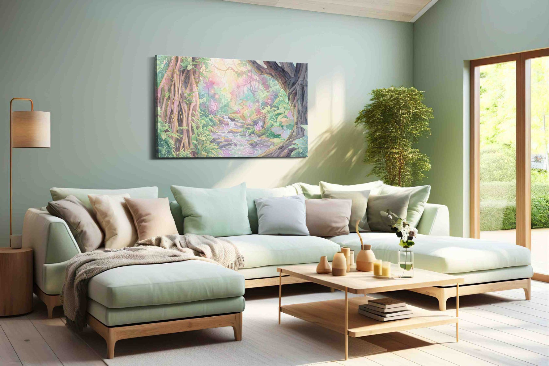 Glimmerbrook Fairy Hollow fantasy canvas wall art displayed above a sofa in a modern living room