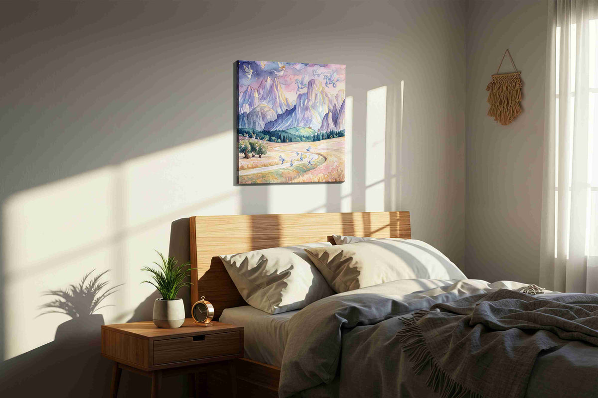 Gossamer Vale of Unicorn Skies fantasy canvas wall art styled in a bedroom