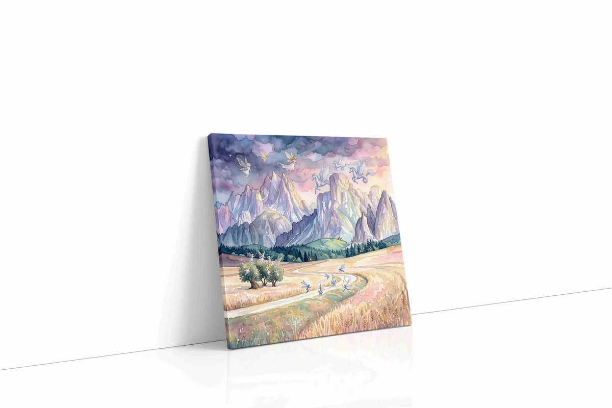 Gossamer Vale of Unicorn Skies fantasy canvas wall art displayed above a sofa in a modern living room