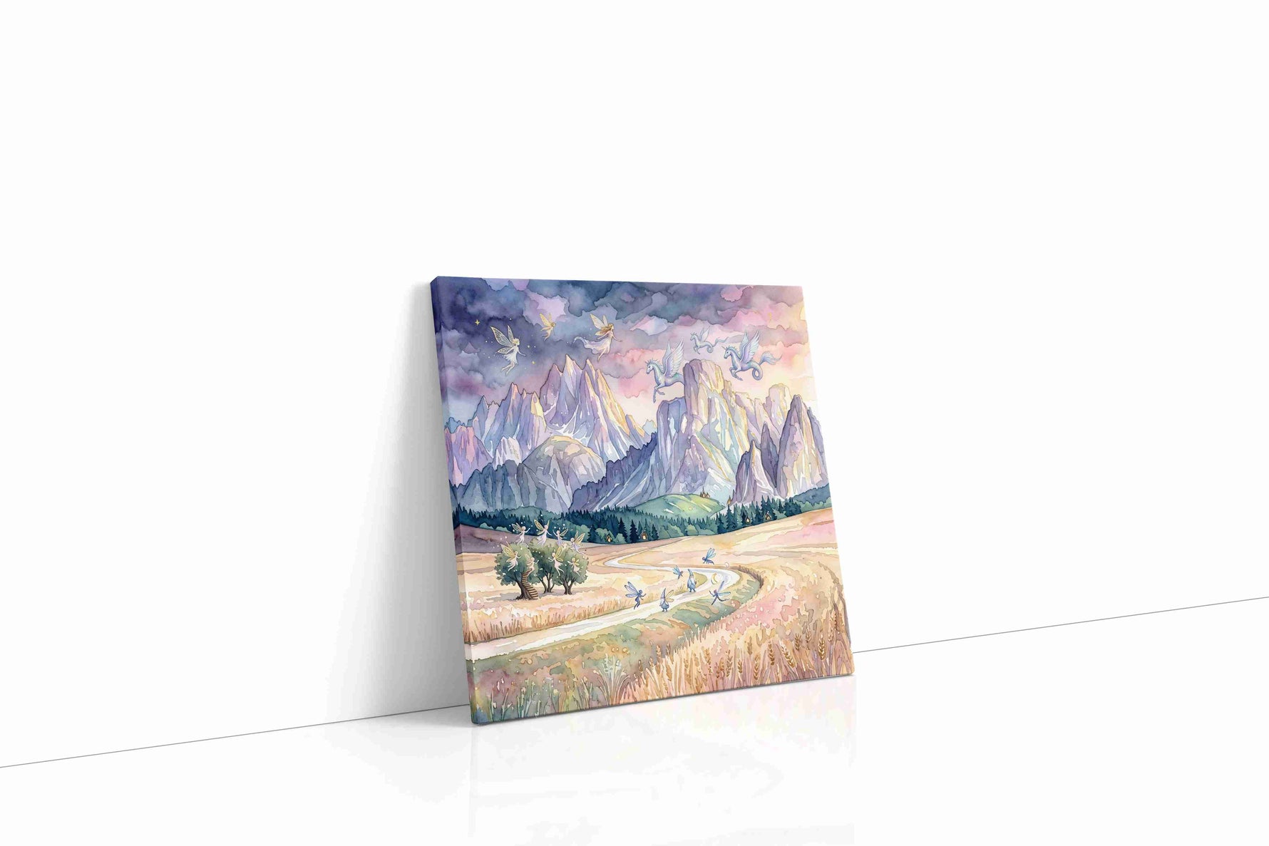 Gossamer Vale of Unicorn Skies fantasy canvas wall art displayed above a sofa in a modern living room