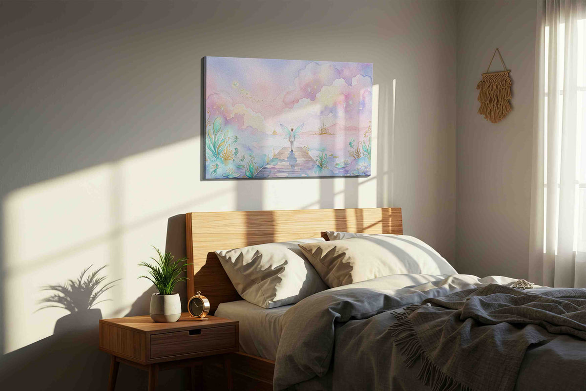 Halo Over Luminous Waters fantasy canvas wall art displayed above a bed in a styled bedroom scene