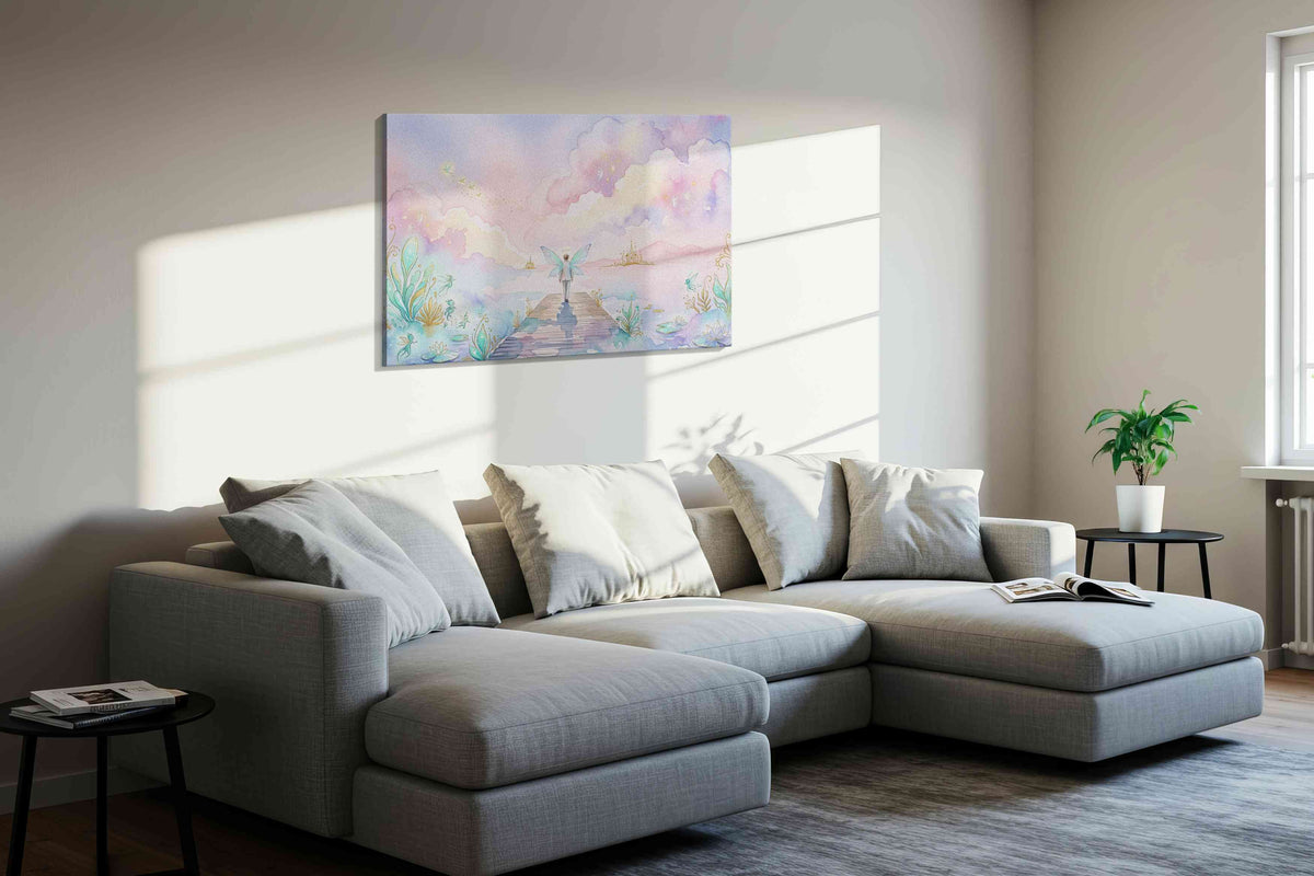 Halo Over Luminous Waters fantasy canvas wall art displayed above a sofa in a styled living room scene