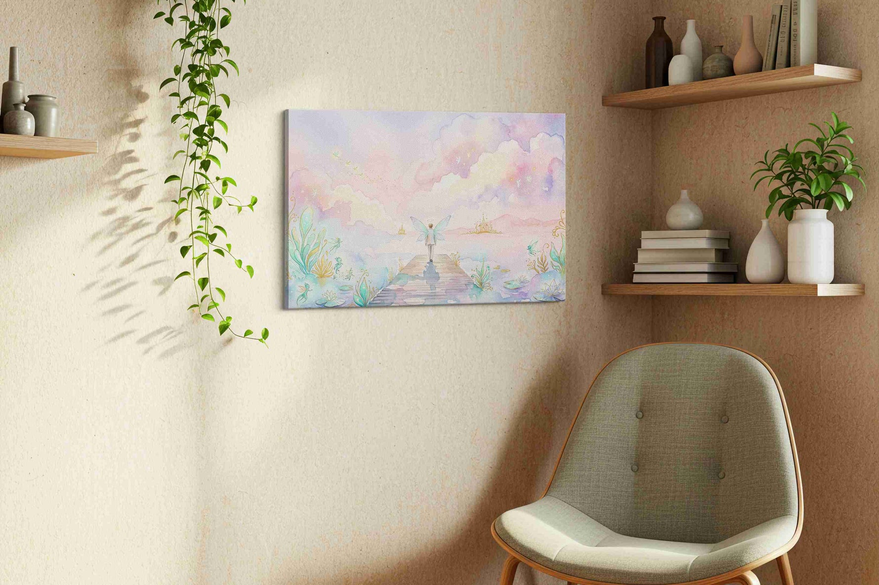 Halo Over Luminous Waters fantasy canvas wall art styled in a living room