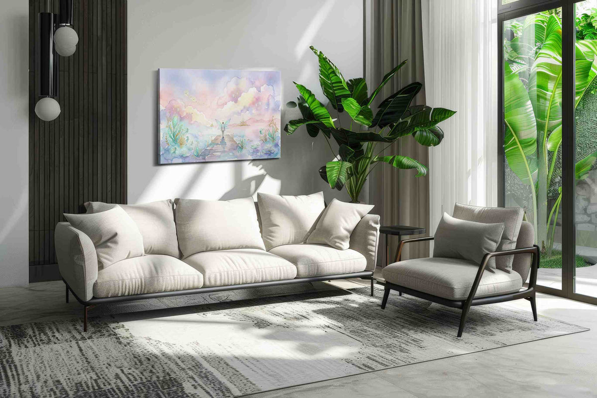 Halo Over Luminous Waters fantasy canvas wall art displayed above a sofa in a modern living room