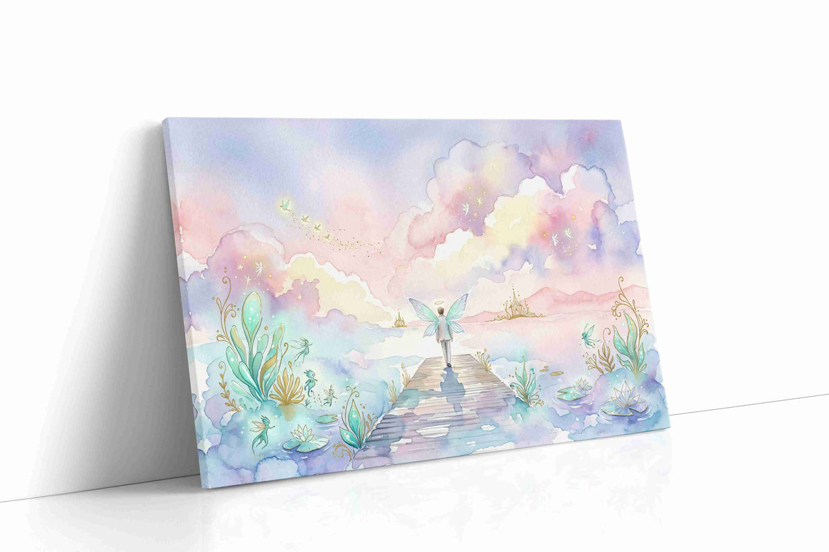 Halo Over Luminous Waters fantasy canvas wall art displayed above a bed in a contemporary bedroom