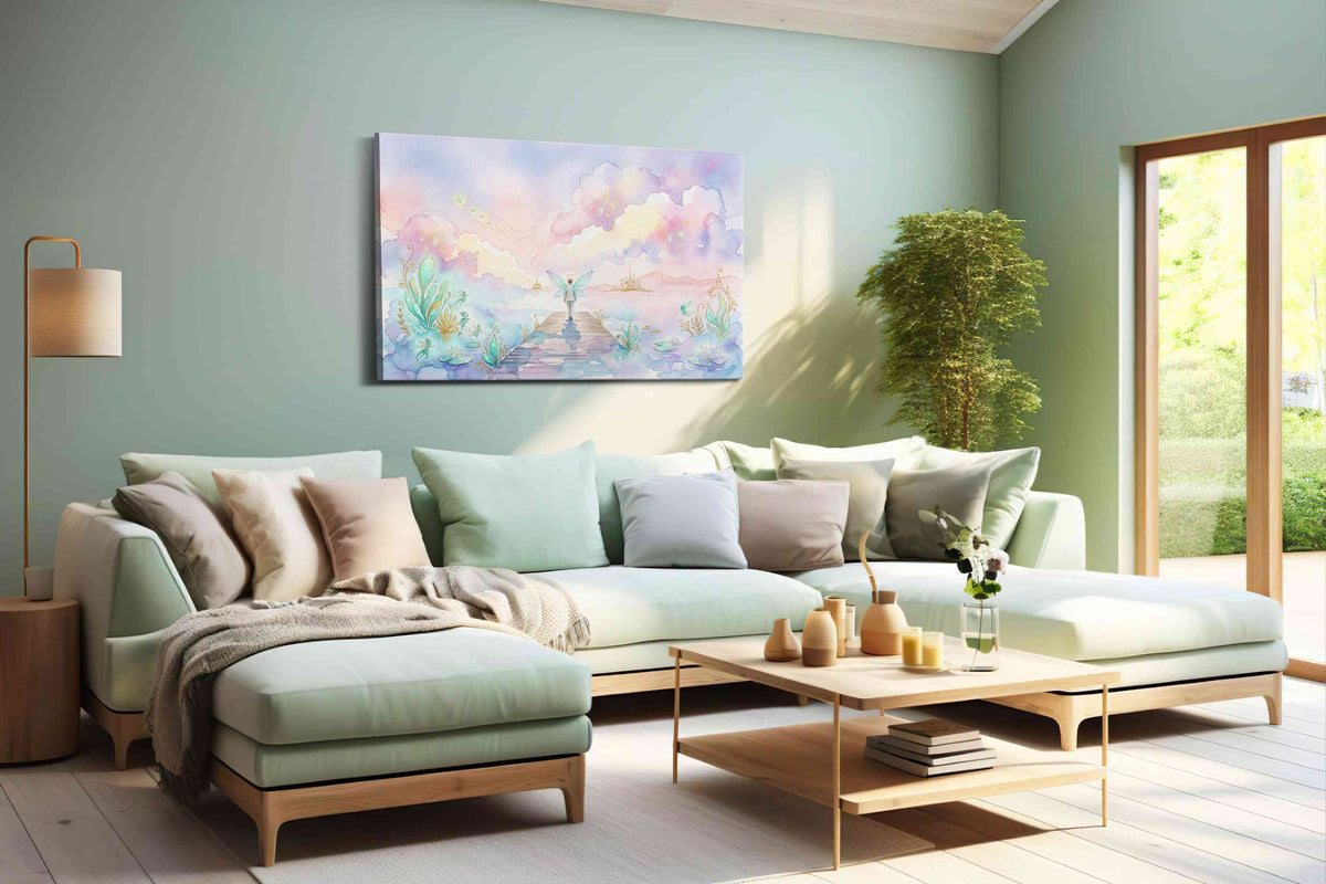 Halo Over Luminous Waters fantasy canvas wall art shown hanging in a styled interior