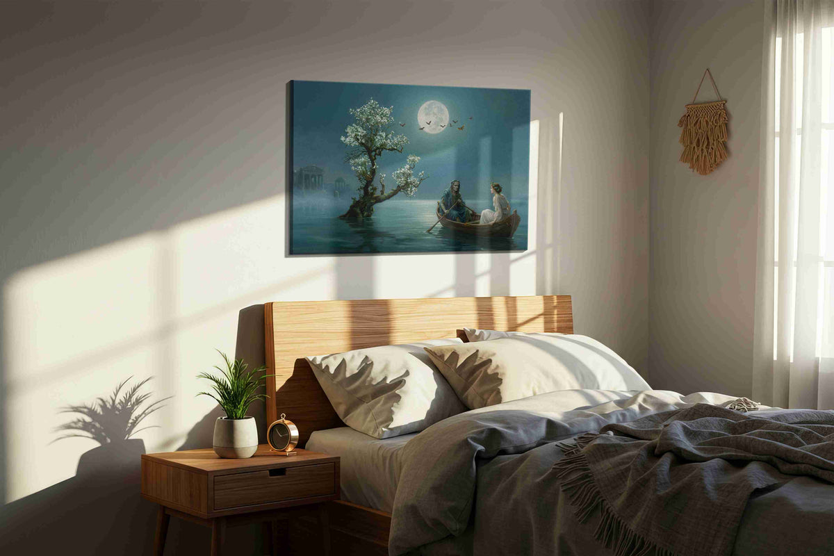 Moonlit Passage to Elysium fantasy canvas wall art displayed above a bed in a styled bedroom scene