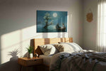 Moonlit Passage to Elysium fantasy canvas wall art displayed above a bed in a styled bedroom scene