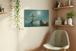 Moonlit Passage to Elysium fantasy canvas wall art displayed above a bed in a contemporary bedroom