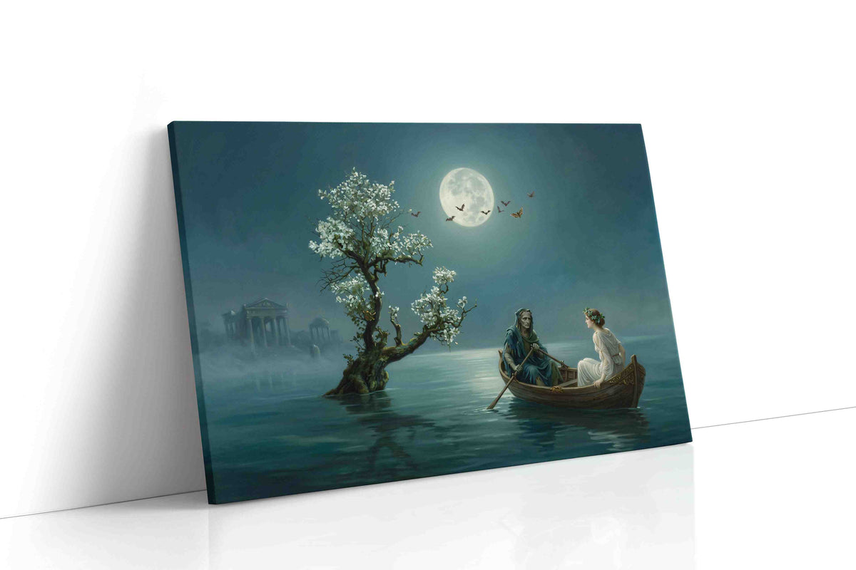 Moonlit Passage to Elysium fantasy canvas wall art displayed above a sofa in a modern living room