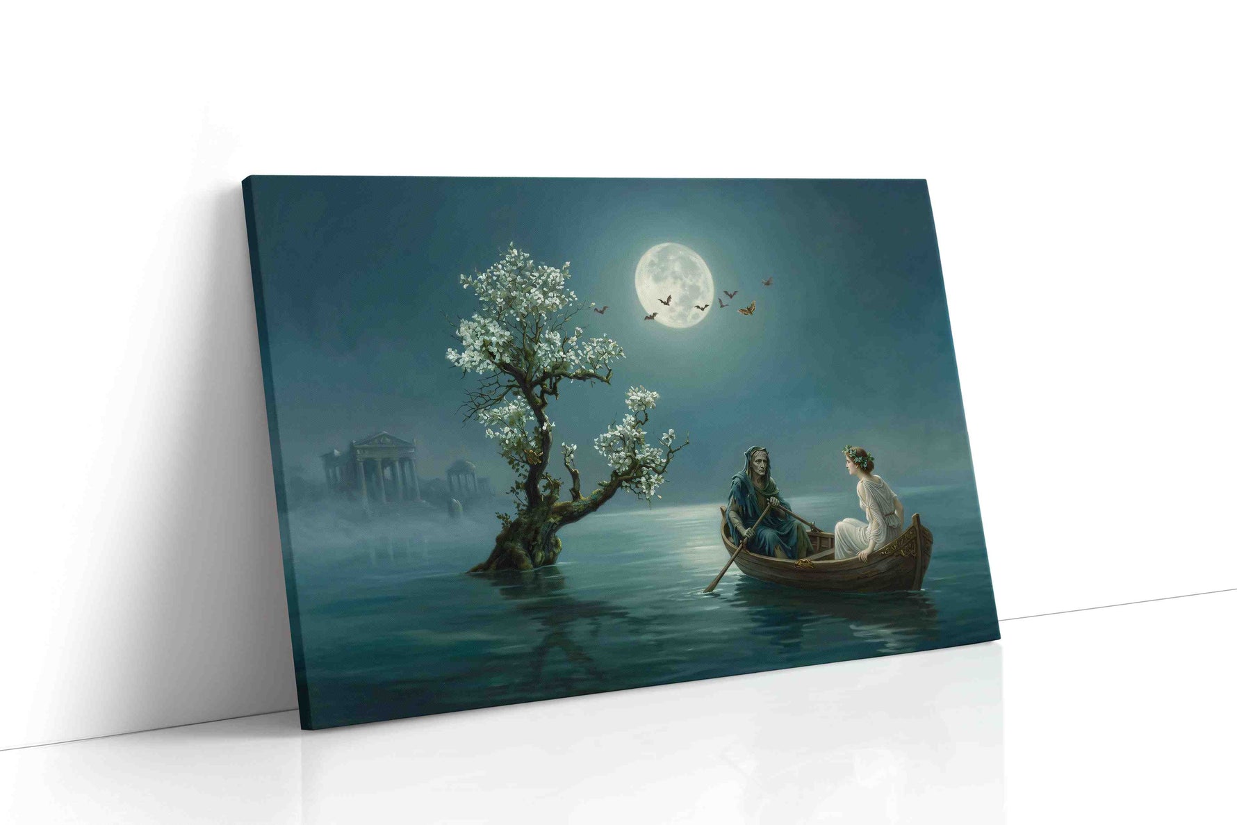 Moonlit Passage to Elysium fantasy canvas wall art displayed above a sofa in a modern living room