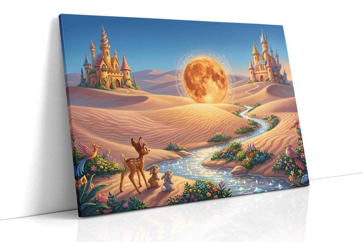 Moonspell Oasis Kingdom fantasy canvas wall art displayed above a sofa in a modern living room