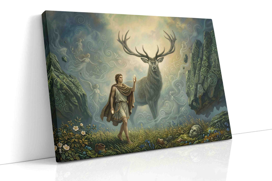 Oracle of the Stag Realm fantasy canvas wall art displayed above a sofa in a modern living room