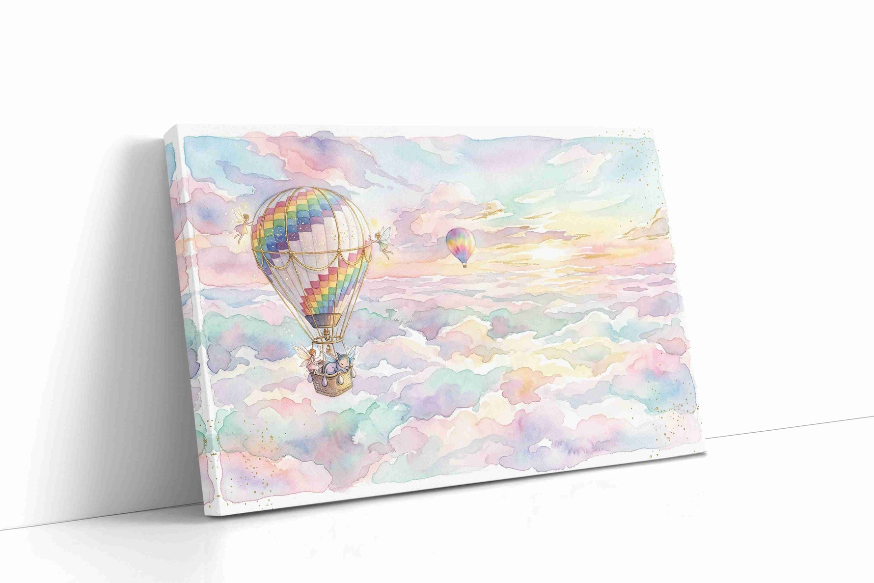 Rainbow Reverie Aloft fantasy canvas wall art displayed above a sofa in a modern living room