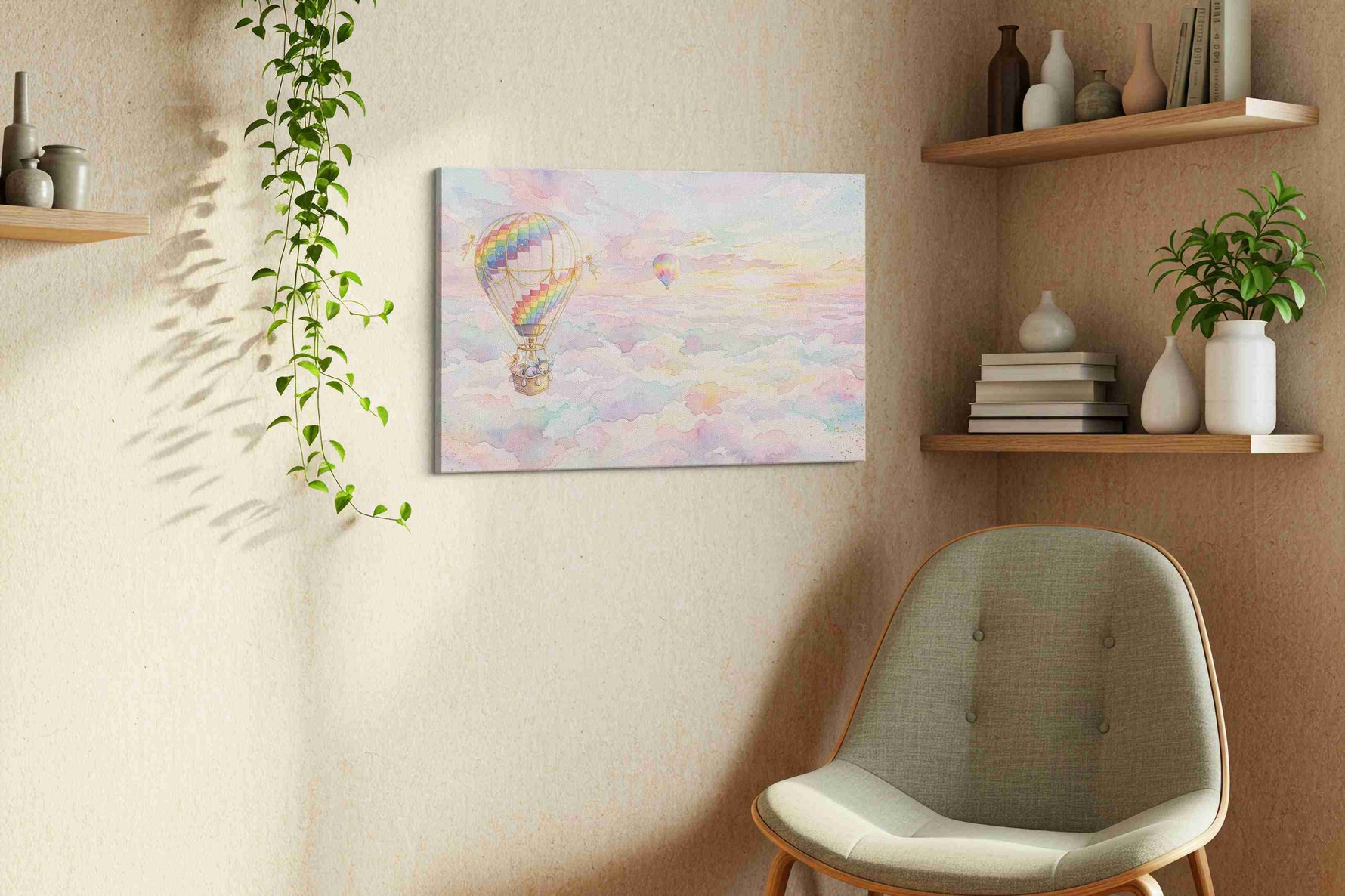 Rainbow Reverie Aloft fantasy canvas wall art styled in a living room
