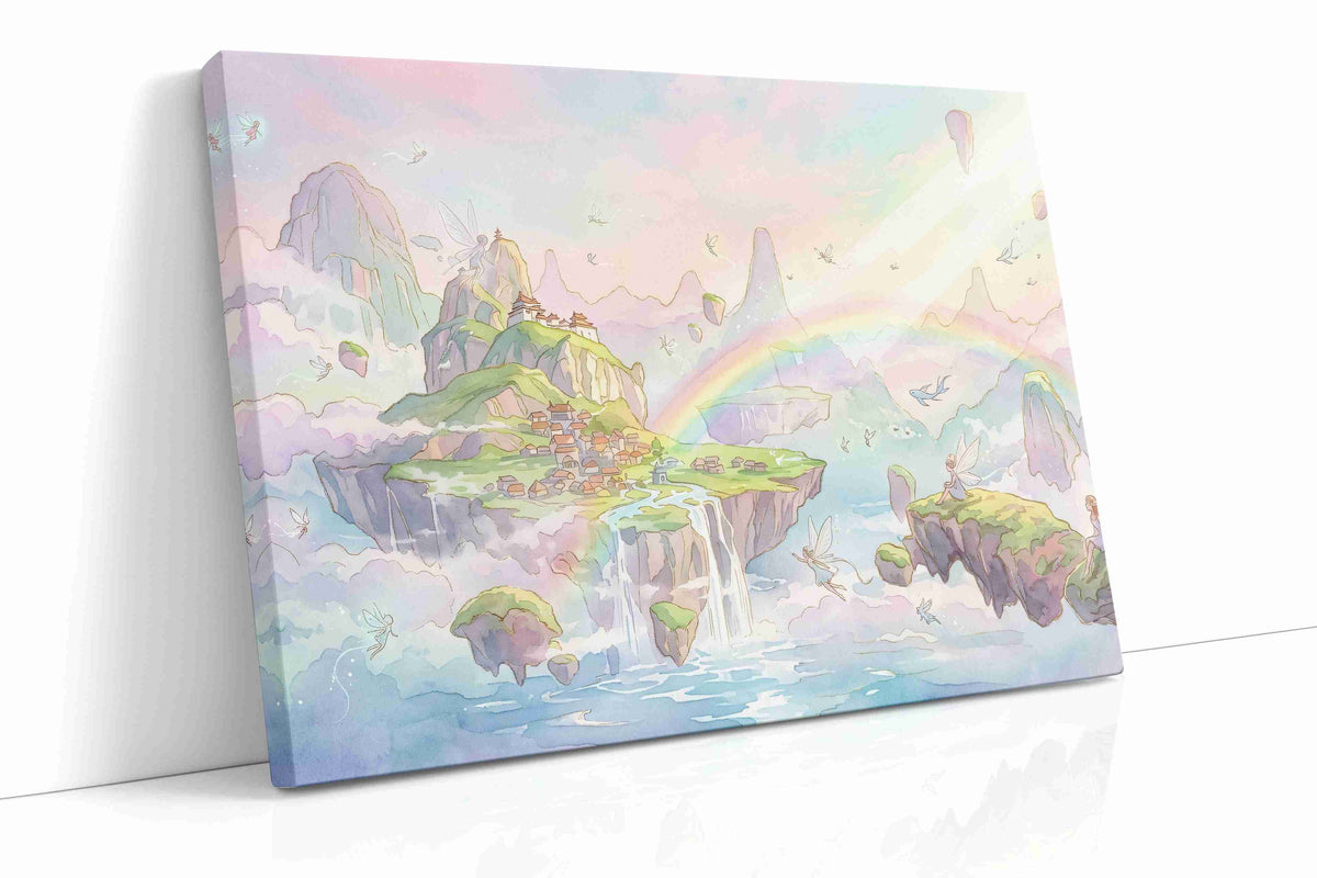 Rainbow Reverie Isles fantasy canvas wall art displayed above a sofa in a modern living room