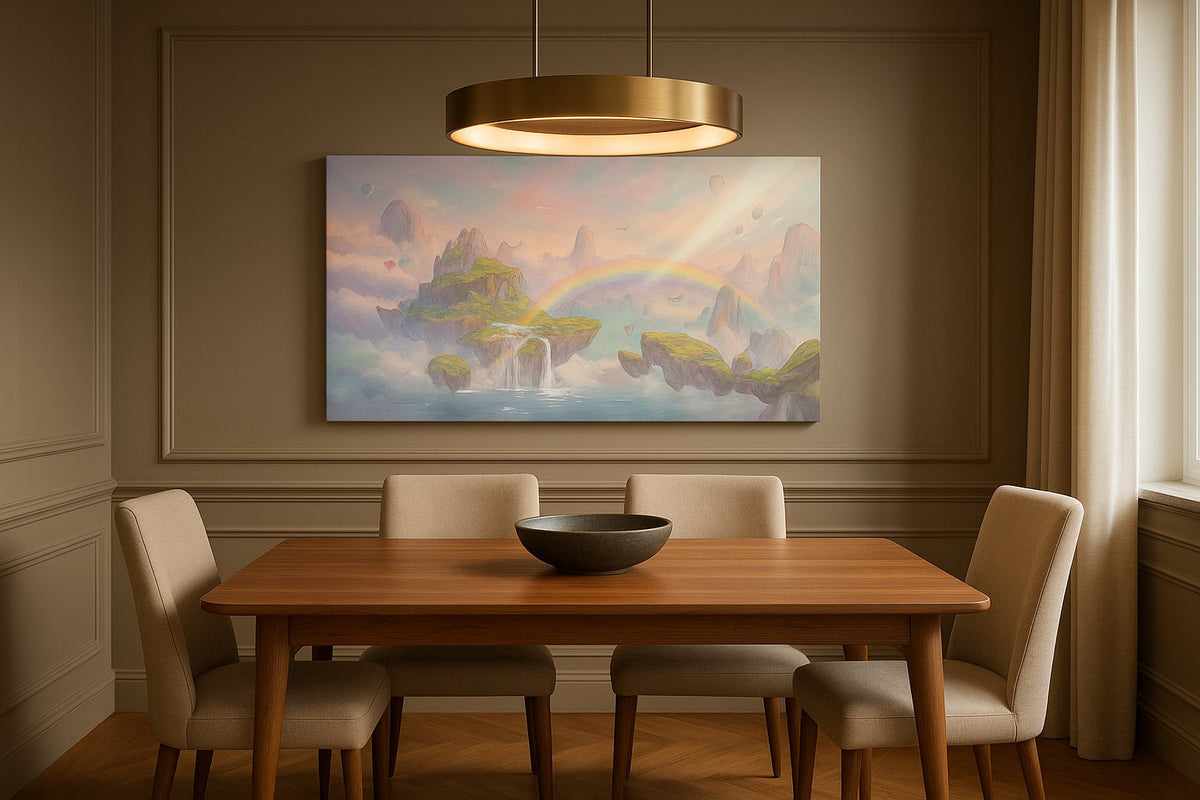 Rainbow Reverie Isles fantasy canvas wall art displayed above a bed in a contemporary bedroom
