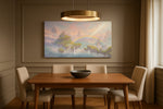 Rainbow Reverie Isles fantasy canvas wall art displayed above a bed in a contemporary bedroom
