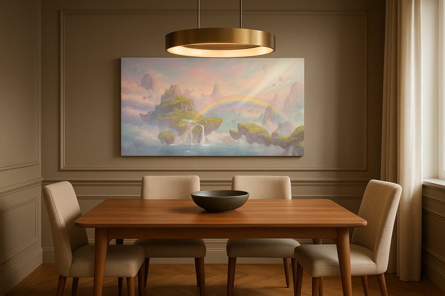 Rainbow Reverie Isles fantasy canvas wall art displayed above a bed in a contemporary bedroom