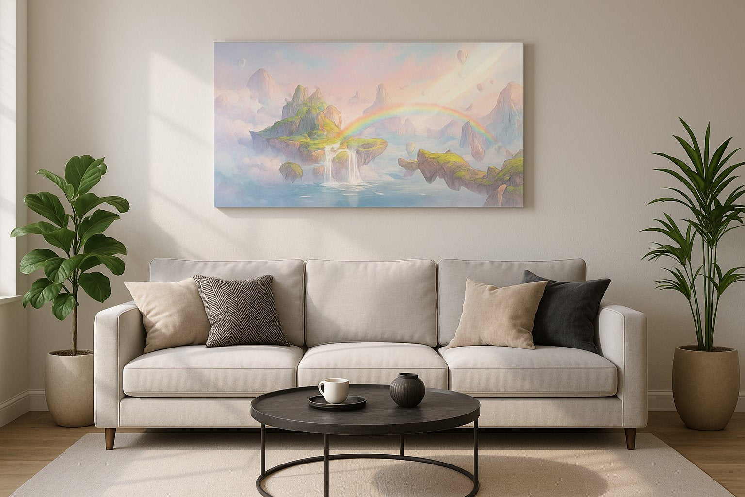 Rainbow Reverie Isles fantasy canvas wall art displayed above a sofa in a styled living room scene