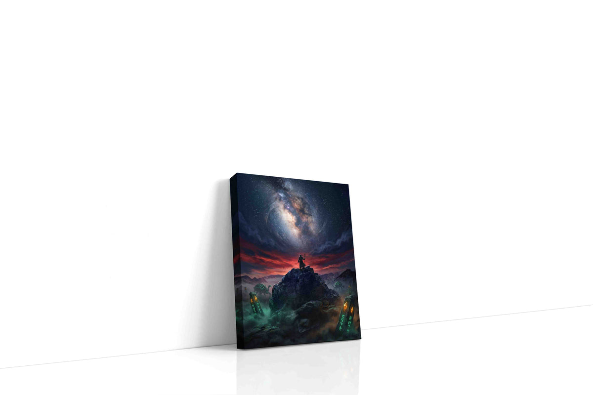 Runes Beneath the Starforge fantasy canvas wall art displayed above a sofa in a modern living room