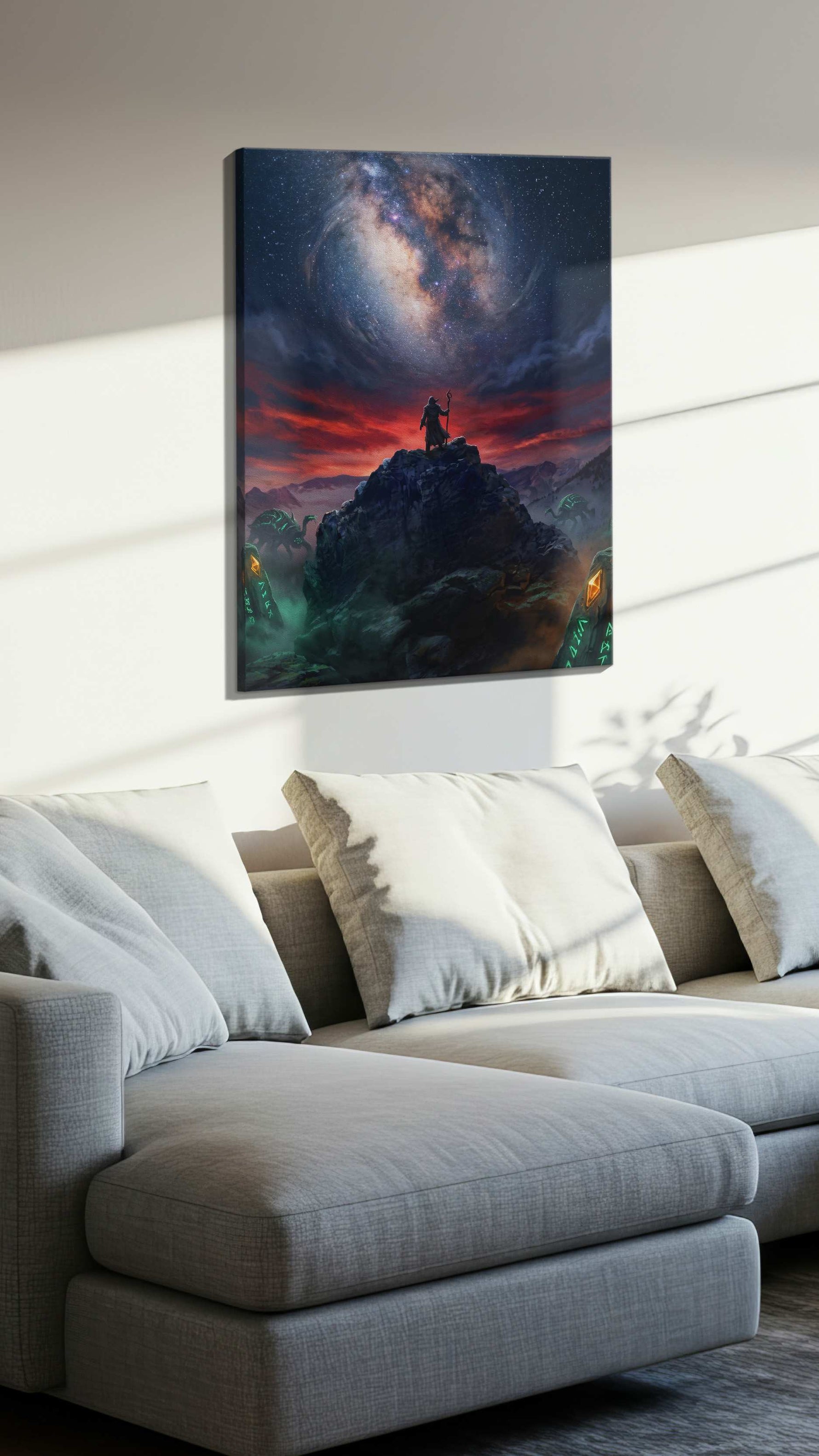 Runes Beneath the Starforge fantasy canvas wall art styled in a living room