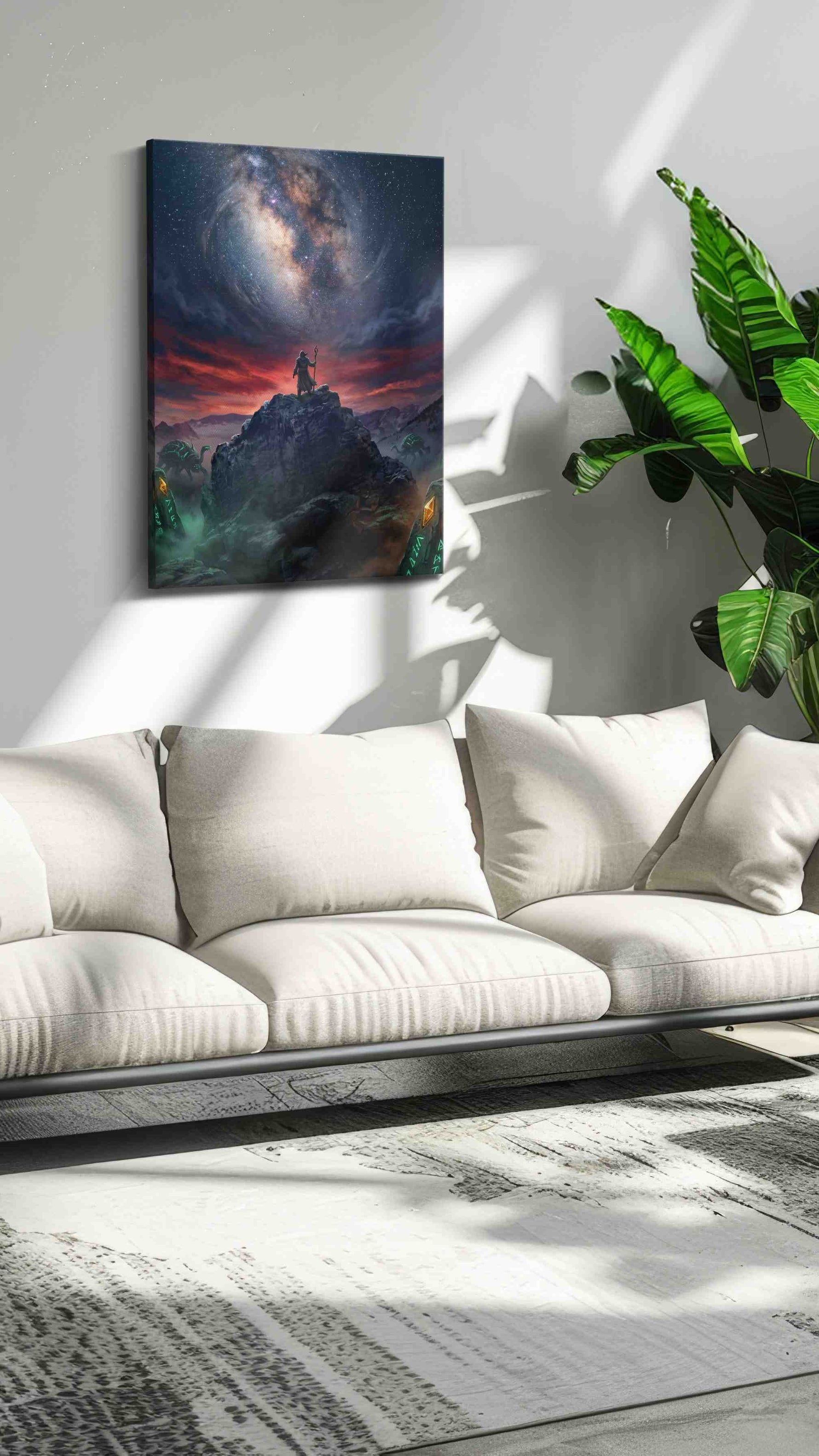 Runes Beneath the Starforge fantasy canvas wall art shown hanging in a styled interior