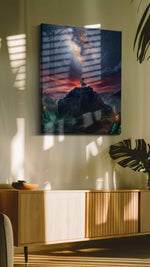 Runes Beneath the Starforge fantasy canvas wall art displayed above a bed in a contemporary bedroom